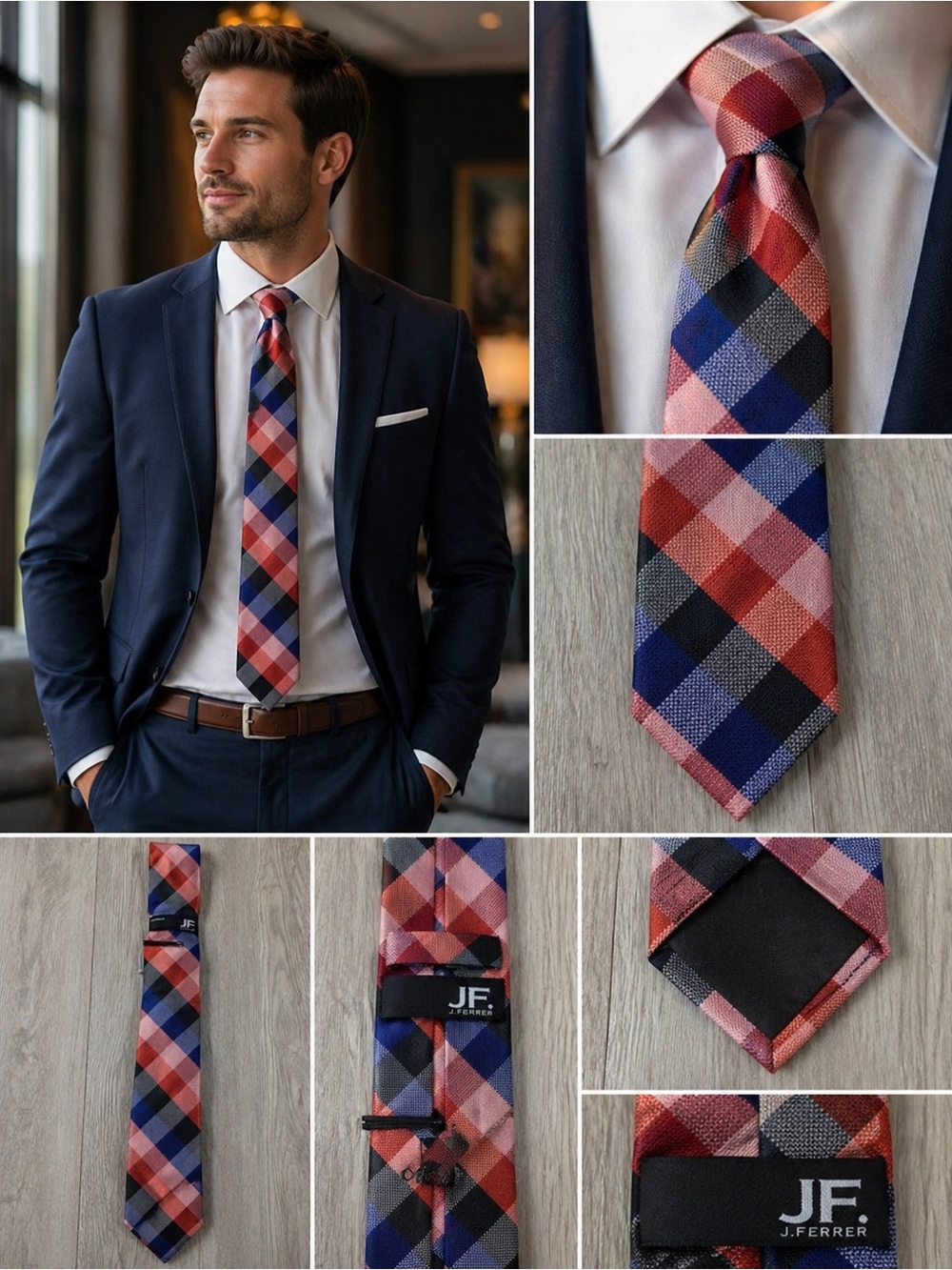 J Ferrer Red and Blue Plaid Tie